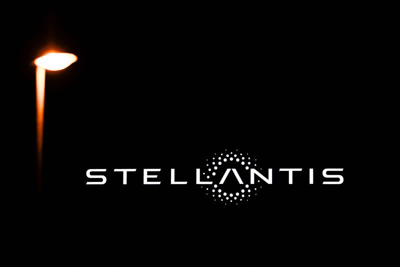 The logo of Stellantis is seen on a company's building in Velizy-Villacoublay near Paris