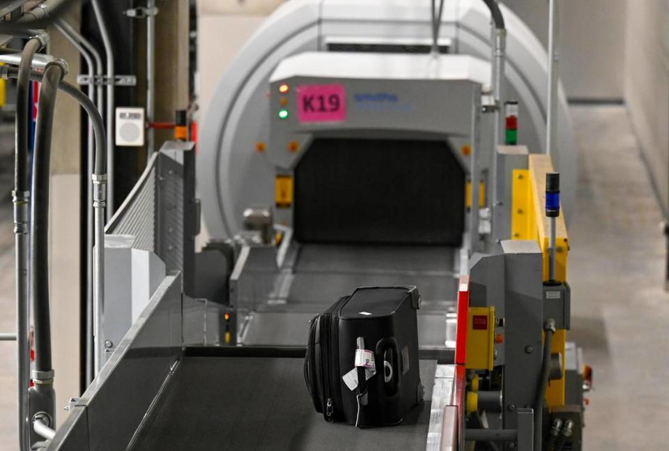 Before being loaded onto a plane, every piece of baggage travels on a conveyor to a security scan room. “We have six X-ray machines here,” said Ryan Shields, a lead technician for Vandlerlande, the company behind KCI’s new baggage handling system. Here a bag comes through the X-ray machine.