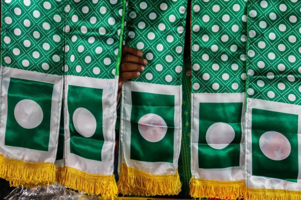 Scarves bearing the PAS logo are displayed for sale at the Kedah PAS Complex in Kota Sarang Semut. — Picture by Sayuti Zainudin