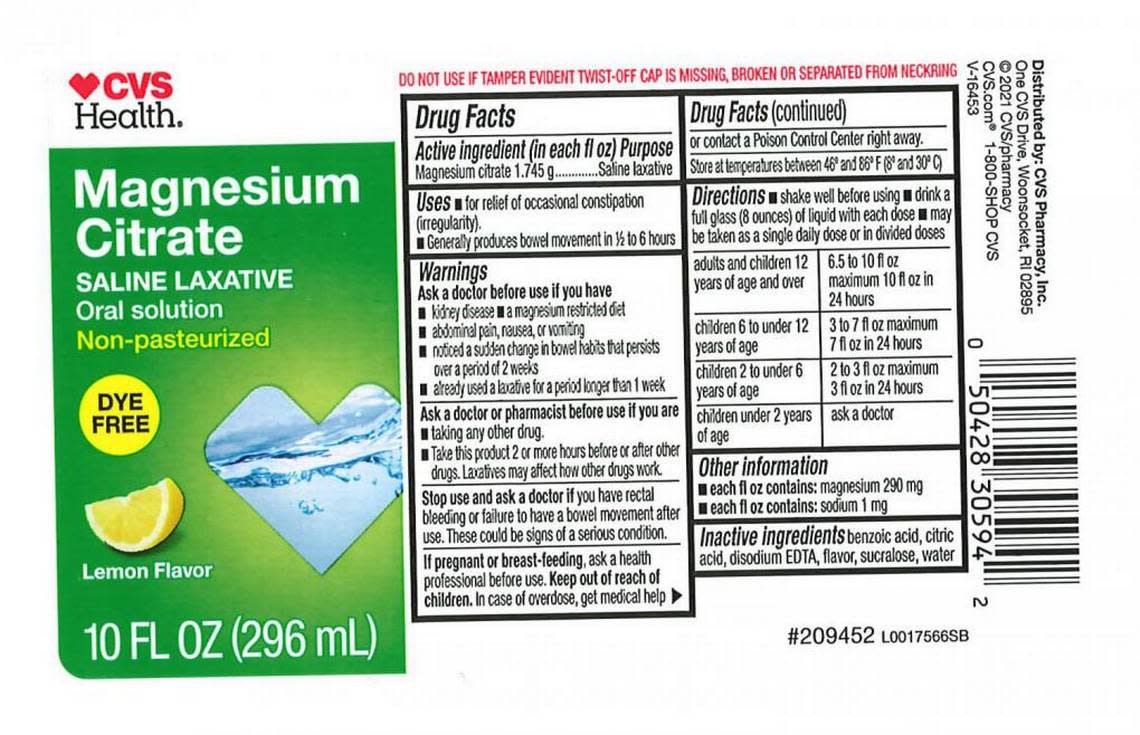 The deconstructed box of recalled CVS Health Magnesium Citrate Saline Laxative Oral Solution Lemon Flavor