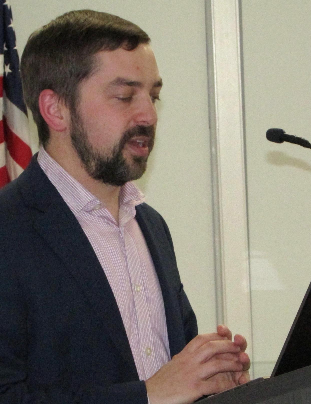 “We as a region lack competition in terms of broadband service, and a result of that is having the highest internet prices of any of the regions in Massachusetts,” said Steven Tupper, deputy director of Cape Cod Commission. In the 2023 photo, Tupper speaks at a Bourne workshop on the town's digital equity planning.