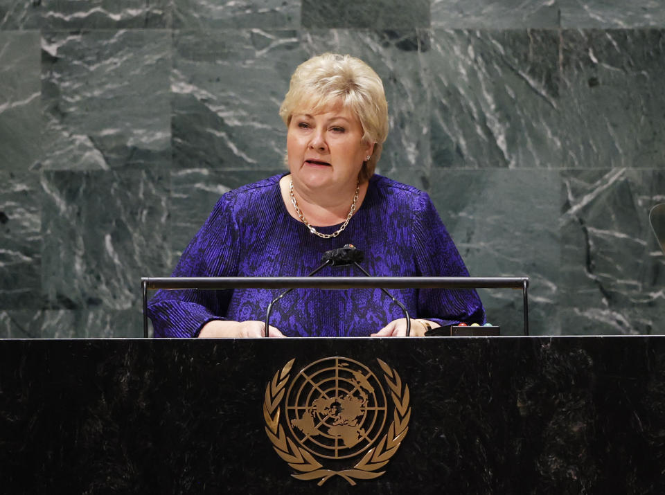 Prime Minister of Norway Ms. Erna Solberg speaks at the United Nations meeting on Sustainable Development Goals during the 76th session of the U.N. General Assembly at U.N. headquarters on Monday, Sept. 20, 2021. (John Angelillo/Pool Photo via AP)