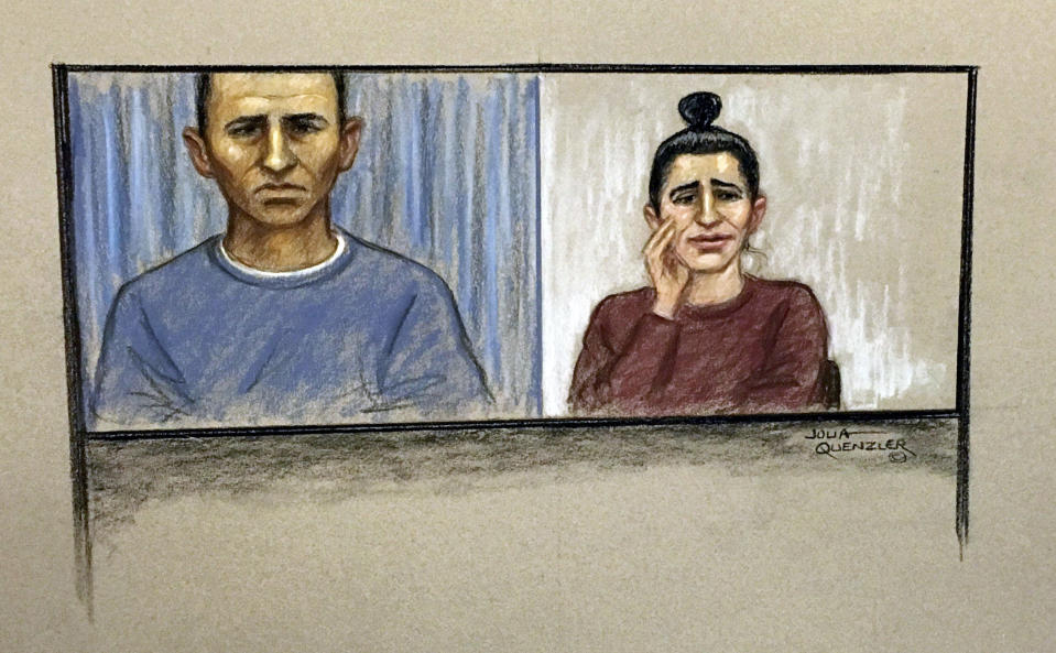 Sabrina Kouider and Ouissem Medouni pictured in a court sketch last month. (SWNS)