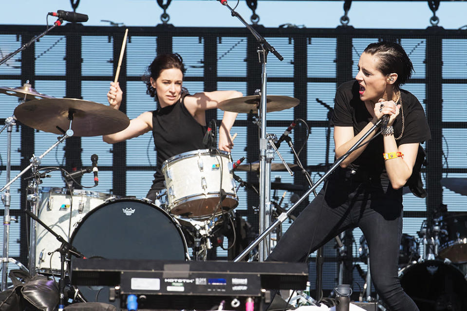 Camille Berthomier aka Jehnny Beth of the band Savages performs on the Bigfoot stage during the Sasquatch! Music Festival at Gorge Amphitheatre on May 29, 2016 in George, Washington.