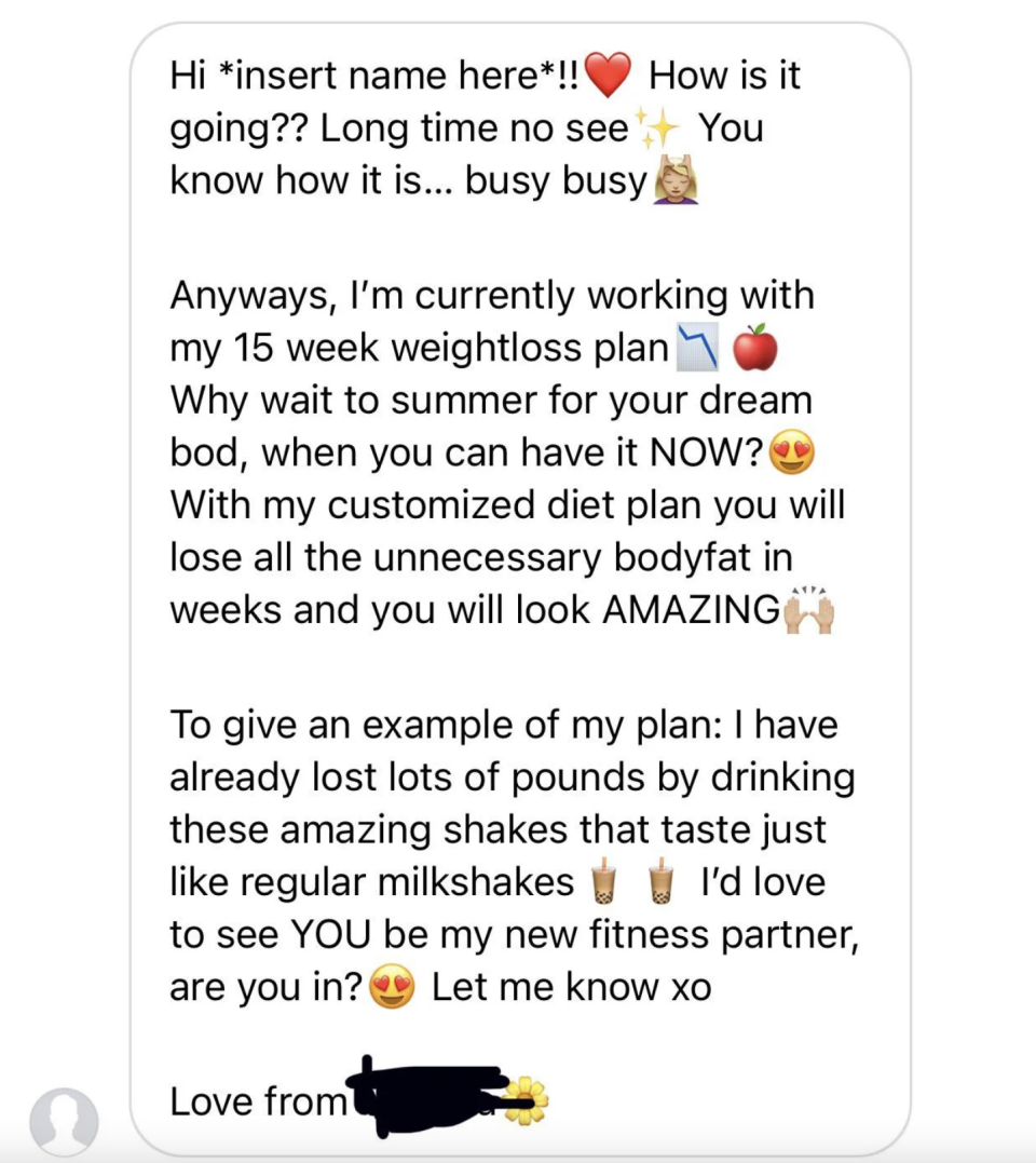 A long pitch about a diet plan that starts by saying "hi insert name here"