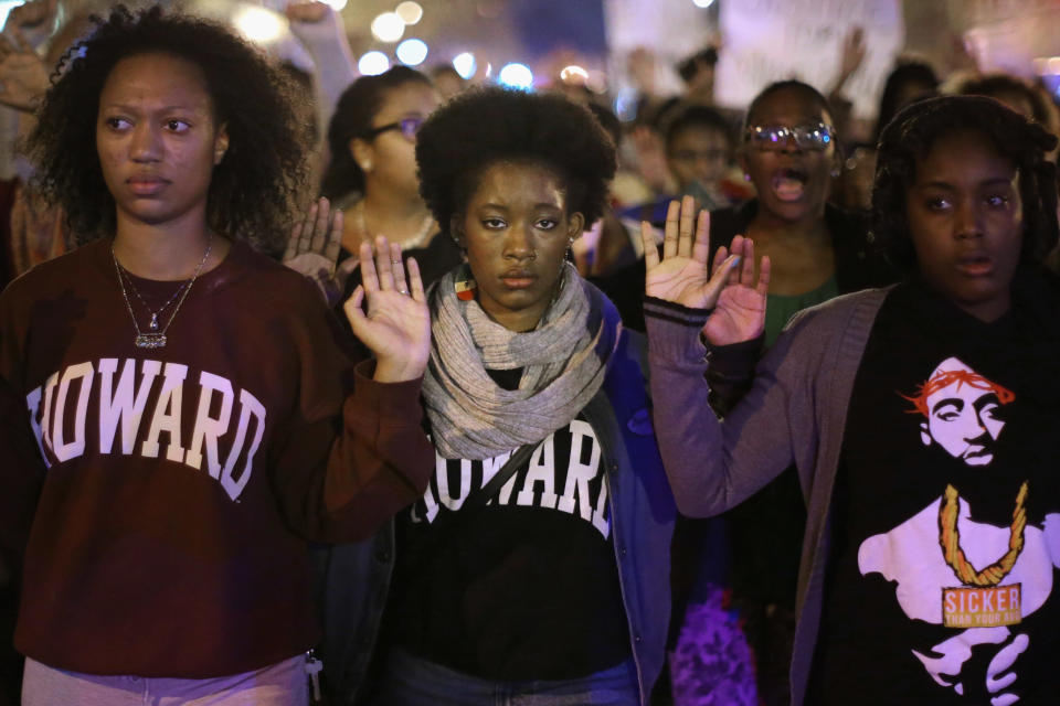 A grand jury's decision not to indict Darren Wilson in Michael Brown's death sparked nationwide demonstrations, including this one at Howard University in Washington, D.C., on Nov. 24, 2014. (Photo: Chip Somodevilla via Getty Images)