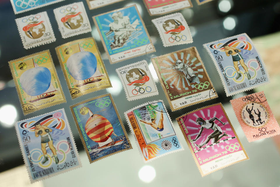 Olympic themed stamps on display in Bonhams auction house on April 5, 2012 in London, England. The item features in Bonhams' forthcoming Summer Sporting Sales and is in a lot expected to fetch 300 GBP when auctioned alongside other sporting memorabilia on May 29, 2012. (Photo by Oli Scarff/Getty Images)