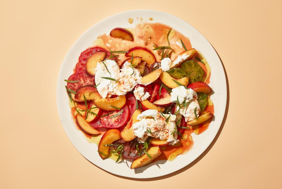 Peaches and Tomatoes with Burrata and Hot Sauce