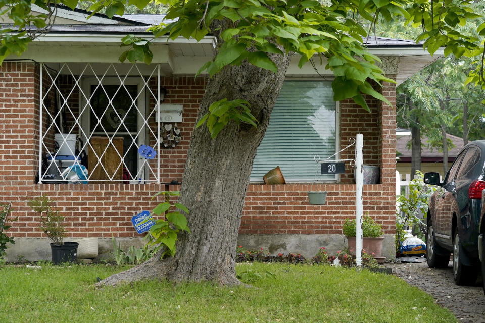 The front entrance of a home connected to suspected mall gunman, Mauricio Garcia, is seen, Sunday, May 7, 2023, in Dallas. The home was searched overnight by law enforcement officials related to the mall shooting in Allen, Texas. (AP Photo/Tony Gutierrez)