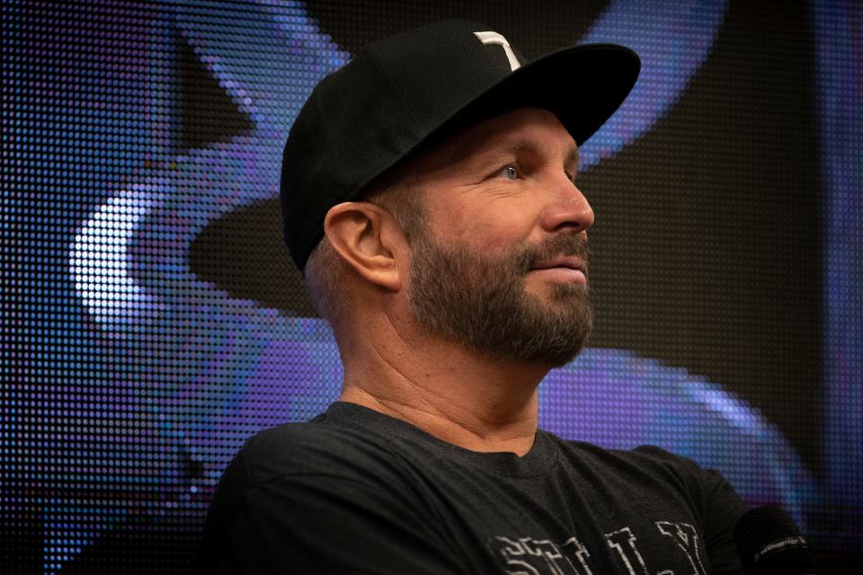 Garth Brooks holds a press conference ahead of his Saturday night concert at Nissan Stadium Friday, July 30, 2021 in Nashville, Tenn. 