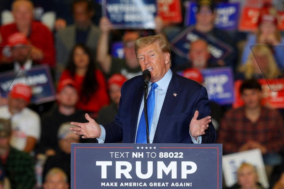 PHOTO:   Republican presidential candidate and former President Donald Trump speaks during a campaign rally in Claremont, N.H., Nov. 11, 2023.  (Brian Snyder/Reuters, FILE)