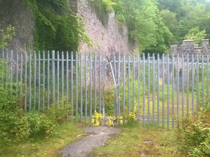a gate with overgrown greenery at gwrych castle