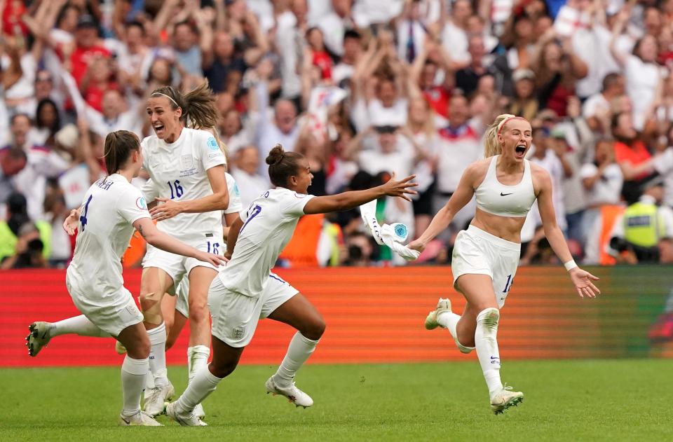 England’s Chloe Kelly (right) celebrates scoring their side’s second goal of the game during the UEFA Women’s Euro 2022 final at Wembley Stadium, London. Picture date: Sunday July 31, 2022. (PA Wire)