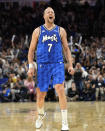 Orlando Magic guard Joe Ingles celebrates after making a 3-point shot against the Milwaukee Bucks during the second half of an NBA basketball game, Sunday, April 14, 2024, in Orlando, Fla. (AP Photo/John Raoux)