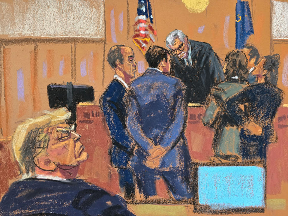 A courtroom sketch of lawyers meeting with Judge Merchan.
