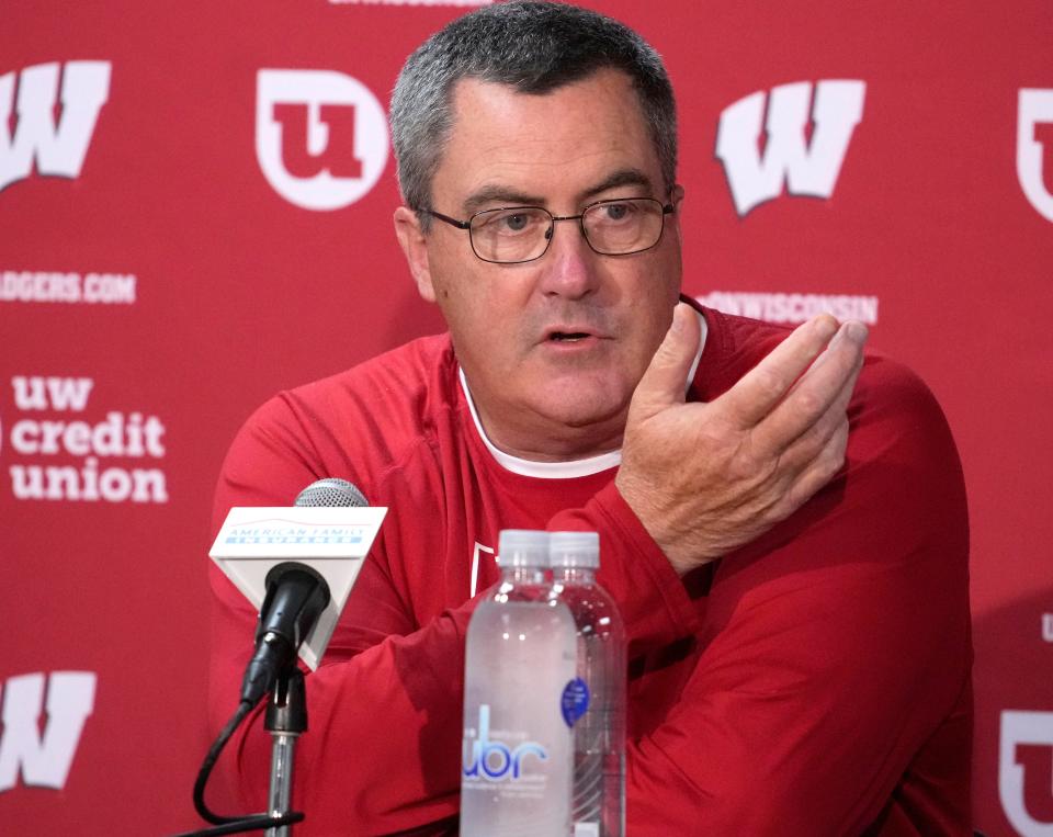 Wisconsin Badgers football head coach Paul Chryst speaks during a press conference as part of Wisconsin Badgers men’s football media day at the McClain Center in Madison on Tuesday, Aug. 2, 2022.