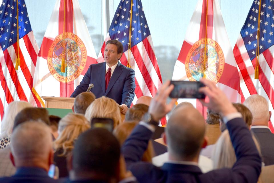 Gov. Ron DeSantis at Monday's press conference at Gulf Coast State College's Charles Hilton Center.