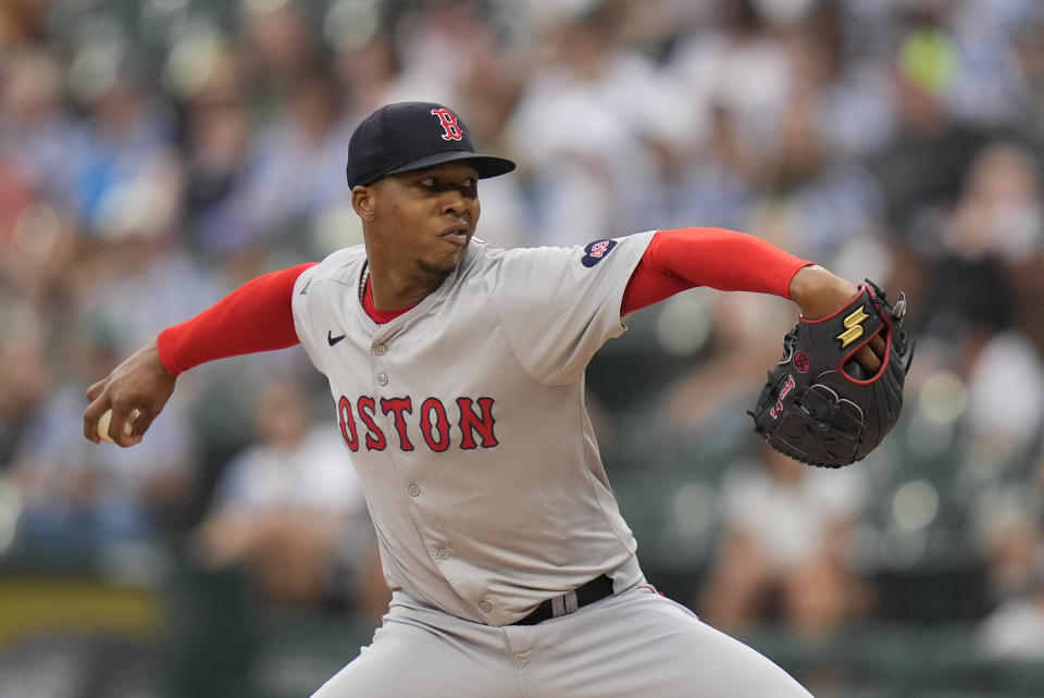 Boston Red Sox starting pitcher Brayan Bello throws against the Chicago White Sox during the first inning of a baseball game Saturday, June 8, 2024, in Chicago. (AP Photo/Erin Hooley)