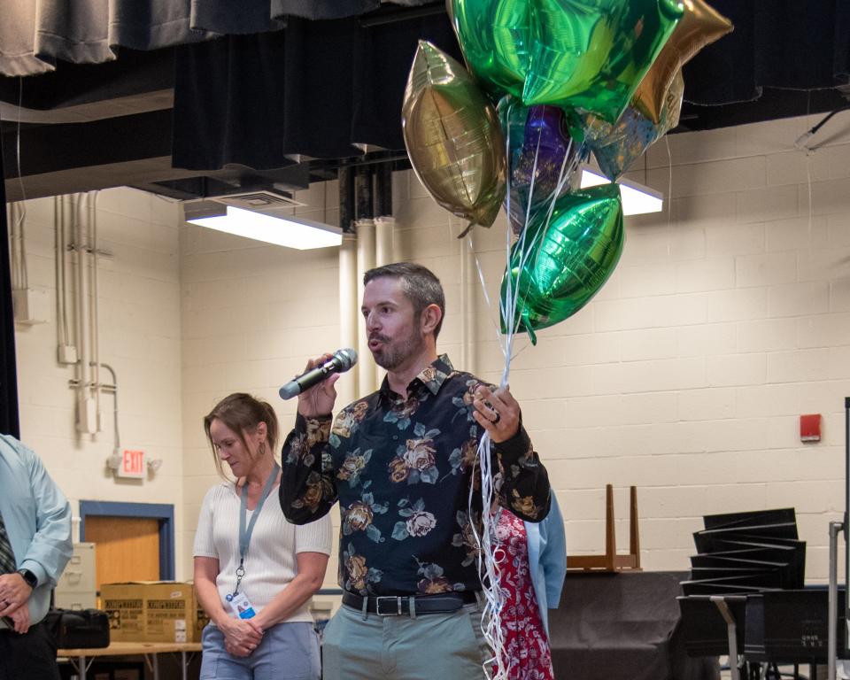 Maryland Teacher of the Year finalist Raymond Weber speaks after being told of he was one of seven nominees across the state. The Maryland Teacher of the Year winner will be announced in October.