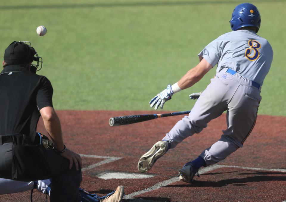 Angelo State University's Reese Johnson bunts against Texas A&M-Kingsville during the final game of the South Central Regional Section I Tournament at Foster Field at 1st Community Credit Union Stadium on Saturday, May 21, 2022.