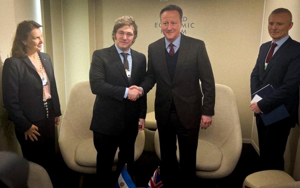 Argentina's president Javier Milei shakes hands with David Cameron as the Argentine minister of foreign affairs, Diana Mondino, looks on in Davos on Jan 17