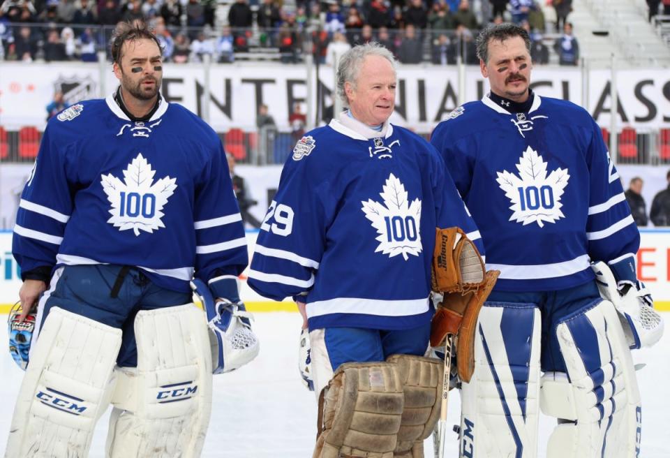 TORONTO, ON - DECEMBER 31: (L-R) Toronto Maple Leafs alumni goaltenders Curtis Joesph #31, Mike Palmateer #29 and Felix Potvin #29 prepare to play in the 2017 Rogers NHL Centennial Classic Alumni Game against the Detroit Red Wings alumni at Exhibition Stadium on December 31, 2016 in Toronto, Canada. (Photo by Dave Sandford/NHLI via Getty Images)
