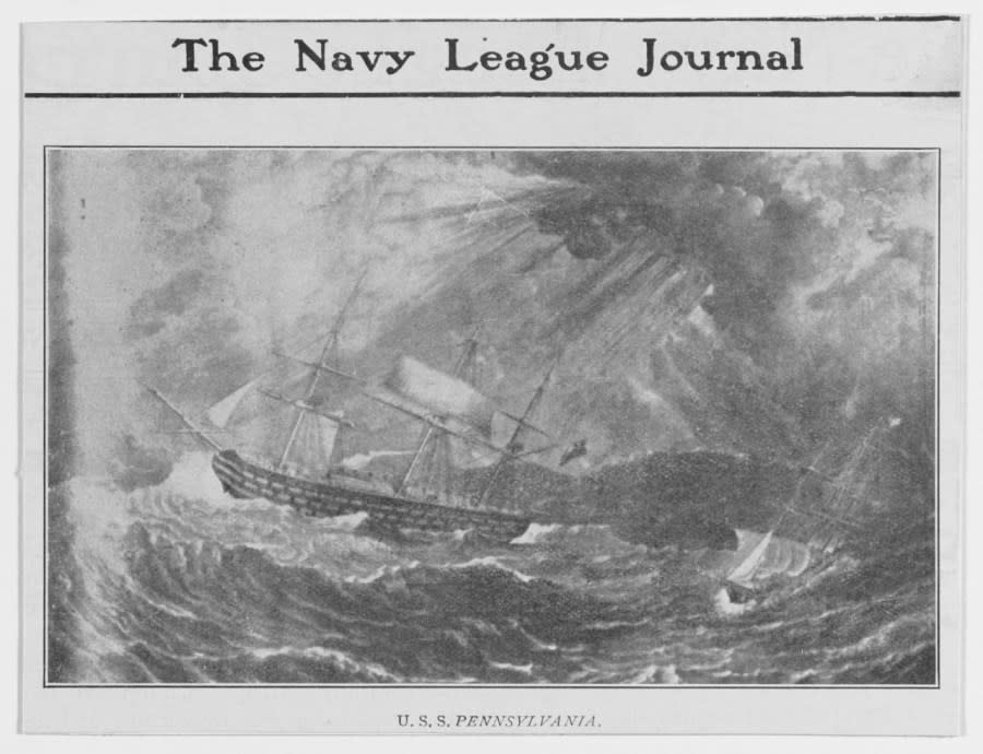 U.S. Ship of the Line Pennsylvania: halftone reproduction of a painting depicting the ship in a storm, published in The Navy League Journal, circa the early 1900s. (U.S. Naval History and Heritage Command )