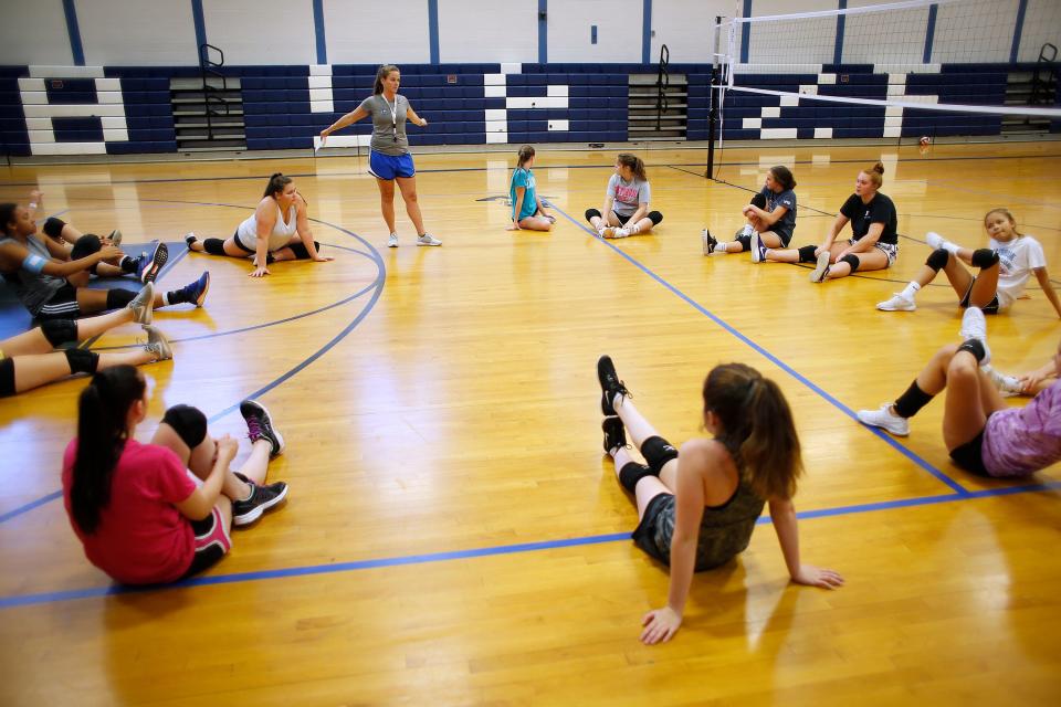 Westbrook volleyball coach Nancy McAdam talks to the team during practice on Monday, Sept. 9, 2019.