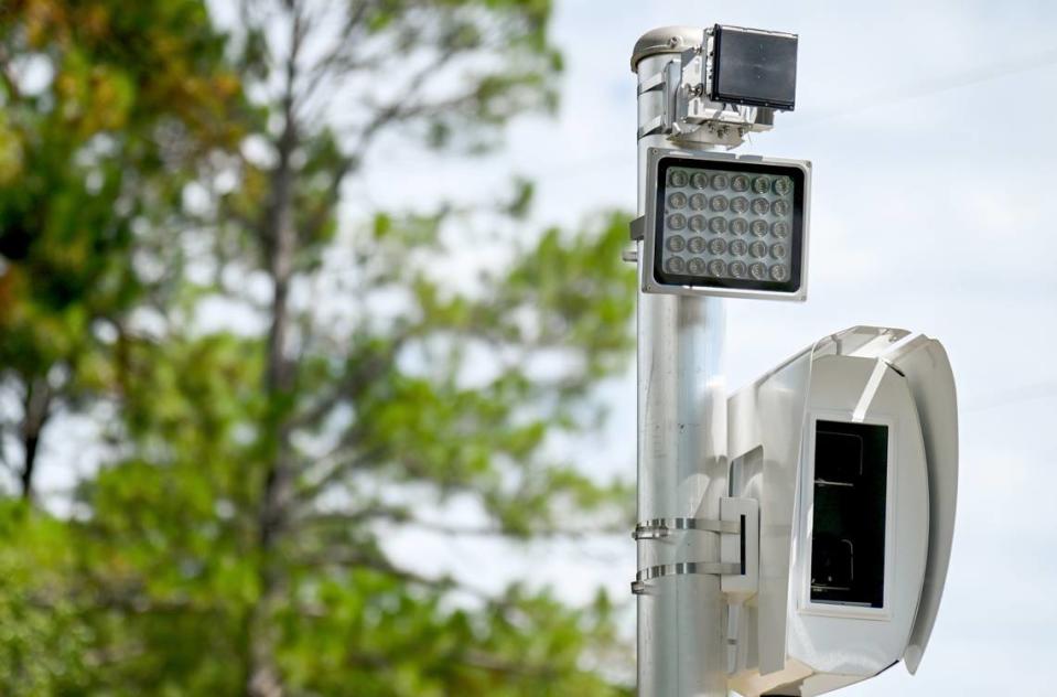 An automated school zone enforcement camera across the street from Morningside Elementary in Perry.