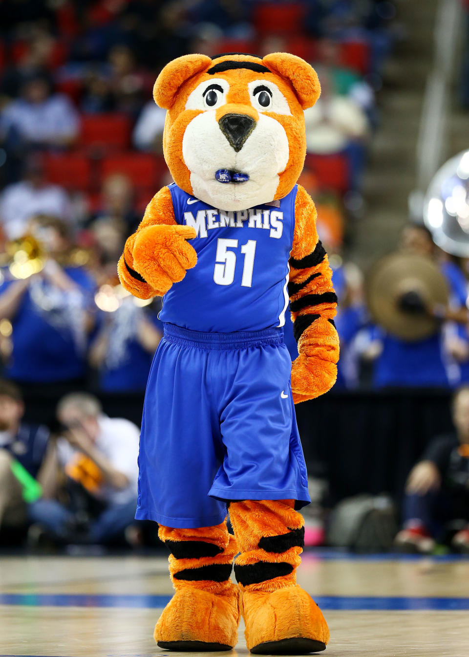 RALEIGH, NC - MARCH 21:  Memphis Tigers mascot, Pouncer, performs in the first half against the George Washington Colonials during the Second Round of the 2014 NCAA Basketball Tournament at PNC Arena on March 21, 2014 in Raleigh, North Carolina.  (Photo by Streeter Lecka/Getty Images)