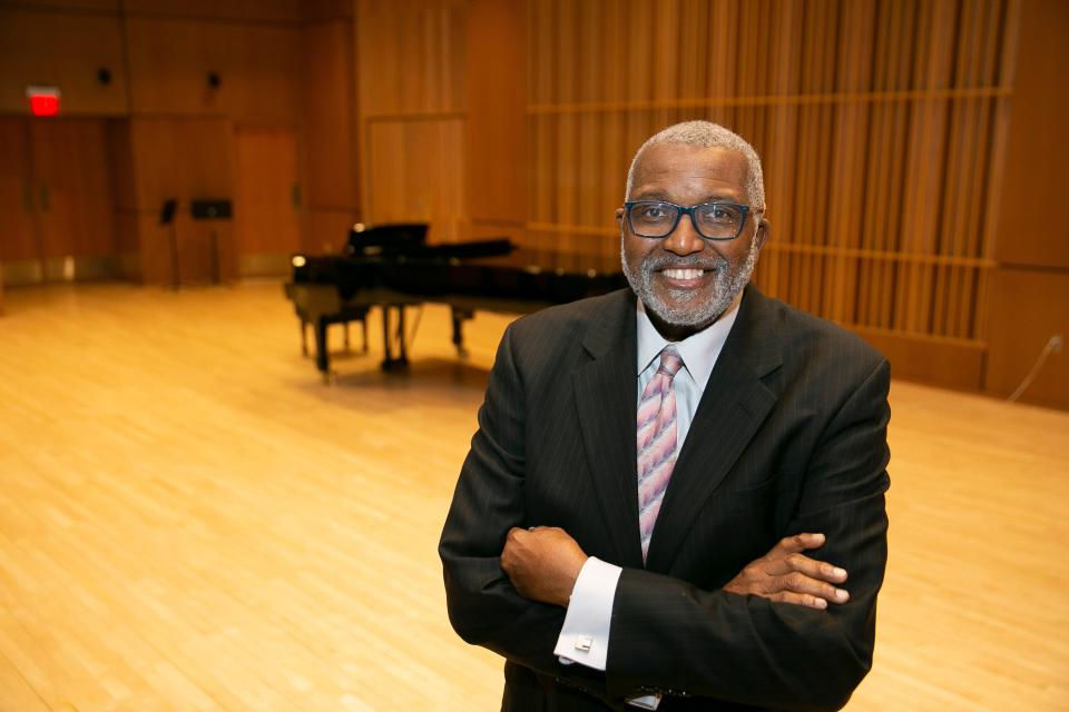 Marvin Curtis, retired dean of Indiana University South Bend's Raclin School of the Arts, poses for a portrait in the school's performance hall. He now chairs the South Bend Symphony Orchestra's Equity, Diversity and Inclusion committee.