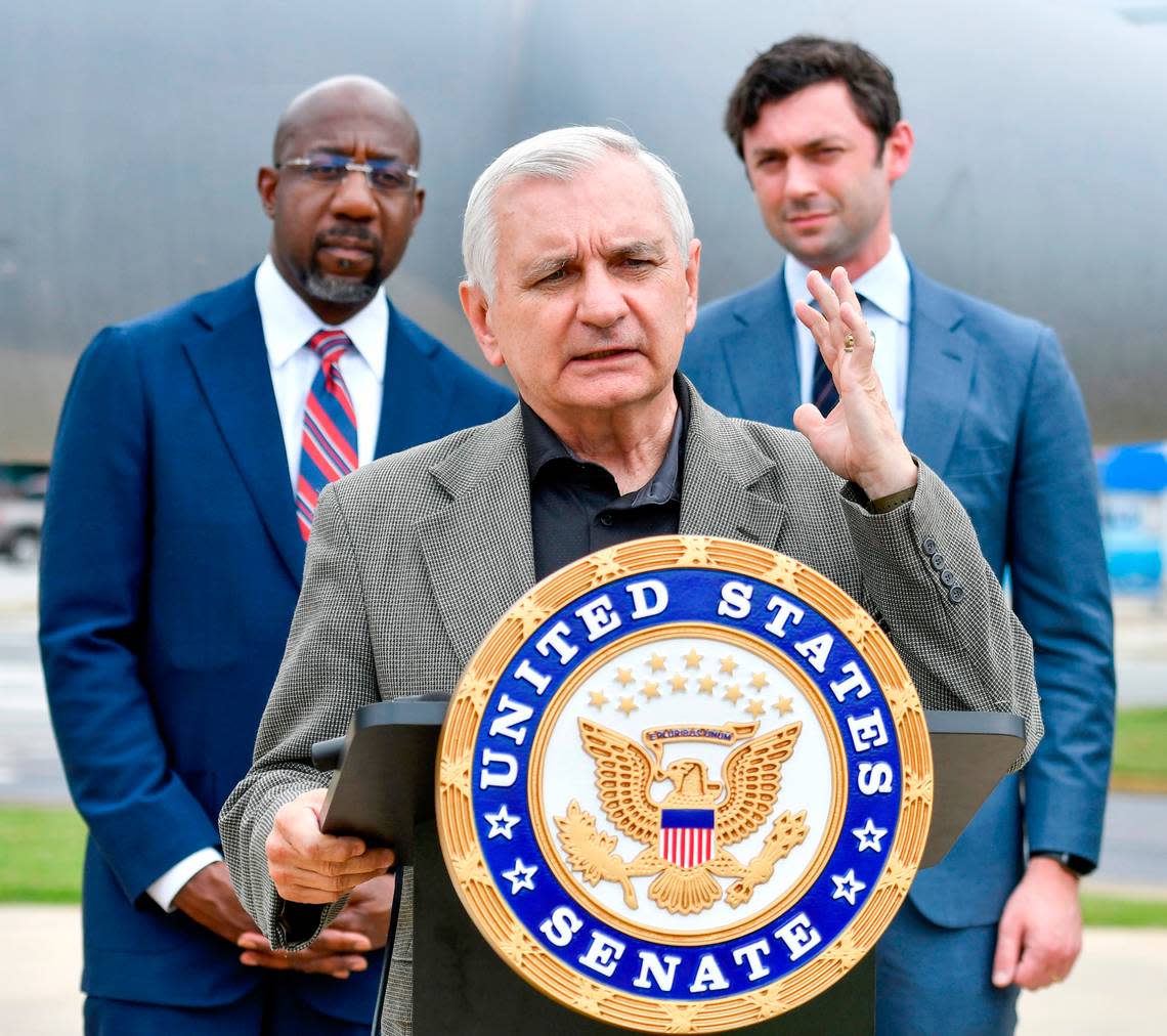 U.S. Sen. Jack Reed (D-RI), Senate Armed Services Committee Chairman, speaks a press conference Wednesday afternoon outside Warner Robins City Hall after touring Robins Air Force Base with fellow Senators Jon Ossoff (D-GA) and Reverend Raphael Warnock (D-GA).