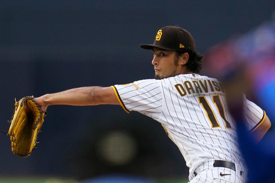 San Diego Padres starting pitcher Yu Darvish works against a New York Mets batter during the first inning of a baseball game Tuesday, June 7, 2022, in San Diego.