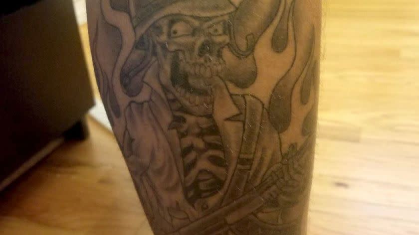 Los Angeles County Sheriff's Deputy Samuel Aldama admitted as part of a lawsuit this year that he has a skull tattoo on his calf associated with the Compton Station, where he worked. The photo of his tattoo emerged in the lawsuit. The department has a long history with deputy tattoos that officials say represent cliques that promote overly aggressive policing. NOTE: The photo is an exhibit to a motion filed in court by plaintiff Andrew Taylor.