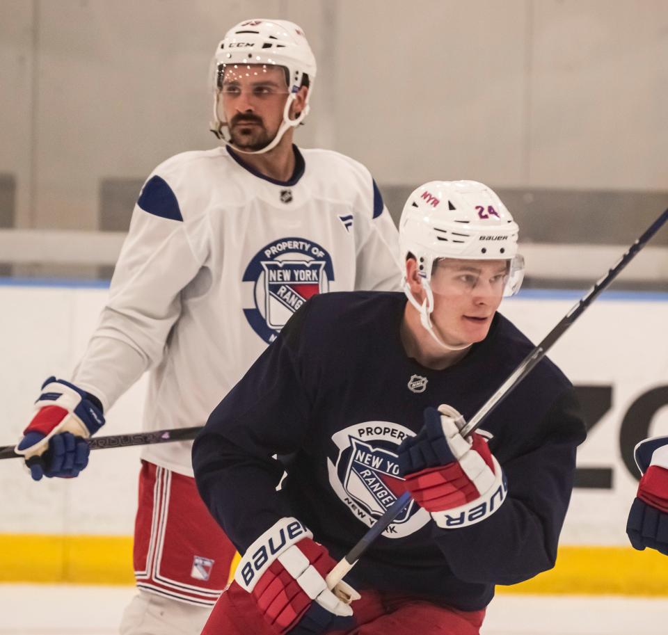 Kaapo Kakko and Sam Carrick skate during the first day of the New York Rangers training camp at their practice facility in Greenburgh, N.Y. Sept. 19, 2024.