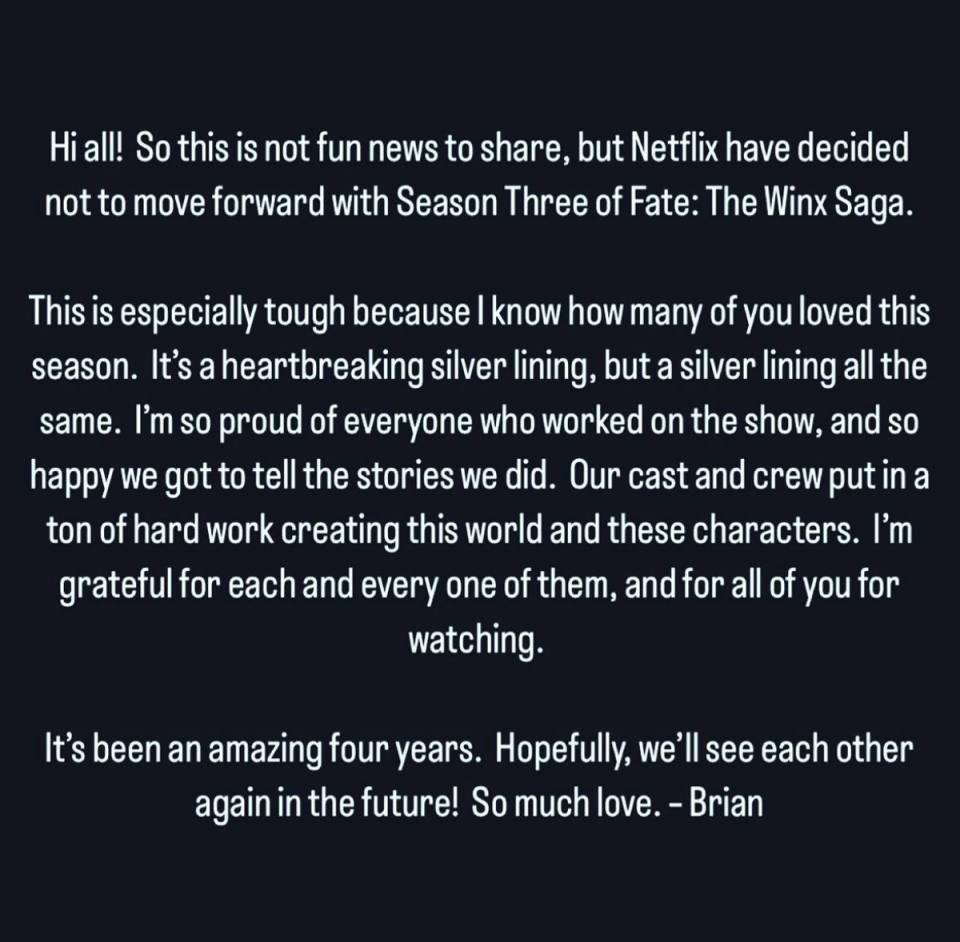 ‘Fate: the Winx Saga’ showrunner Brian Young shared news of show’s cancellation on Instagram (Instagram)