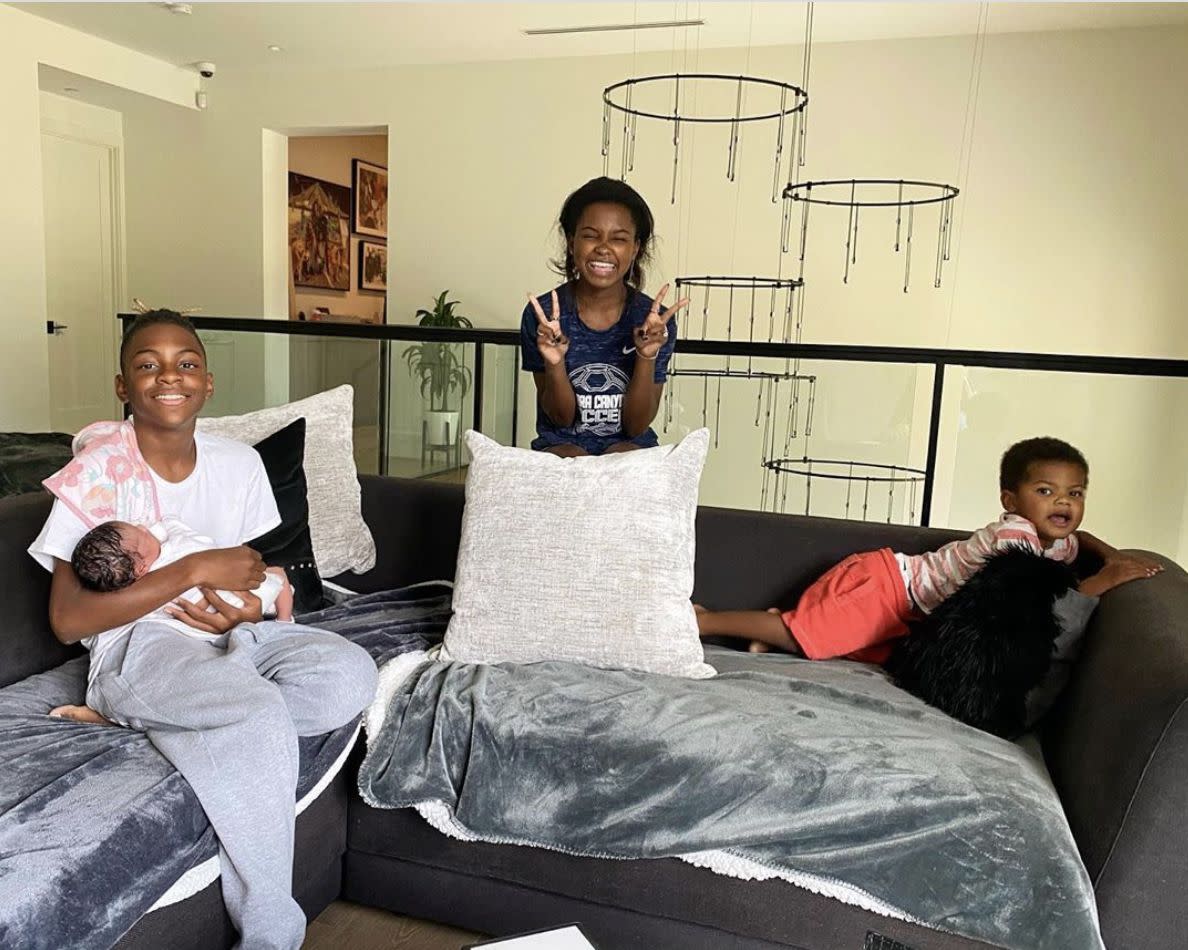 Kevin Hart shared a family-filled photo of kids Hendrix, 12, Heaven, 15, Kenzo Kash, 2, and newborn Kaori on Monday, Oct. 5, 2020. "God is amazing .... #Harts #4" Kaori is the second child between Kevin and Eniko Hart. Kevin also has two kids from a previous marriage.