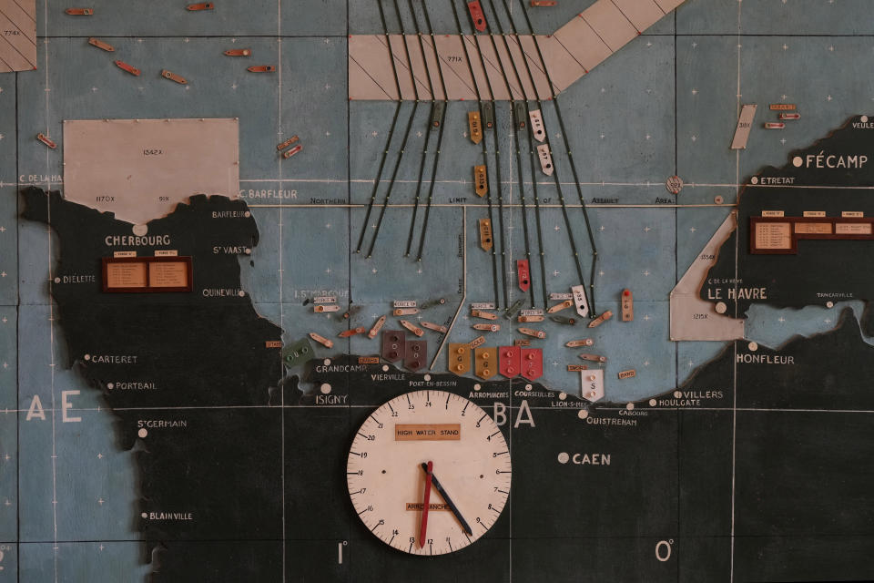 A detailed view of the map showing the invasion routes takes by the allied forces to the beaches in Normandy for the D-Day invasion, in the Map room at Southwick army base near Portsmouth, England Monday, June 3, 2024. (AP Photo/Alastair Grant)