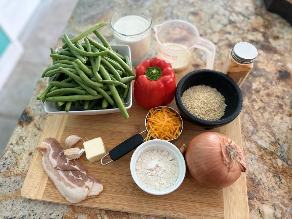 ingredients for ree drummond's green bean casserole ona. kitchen counter