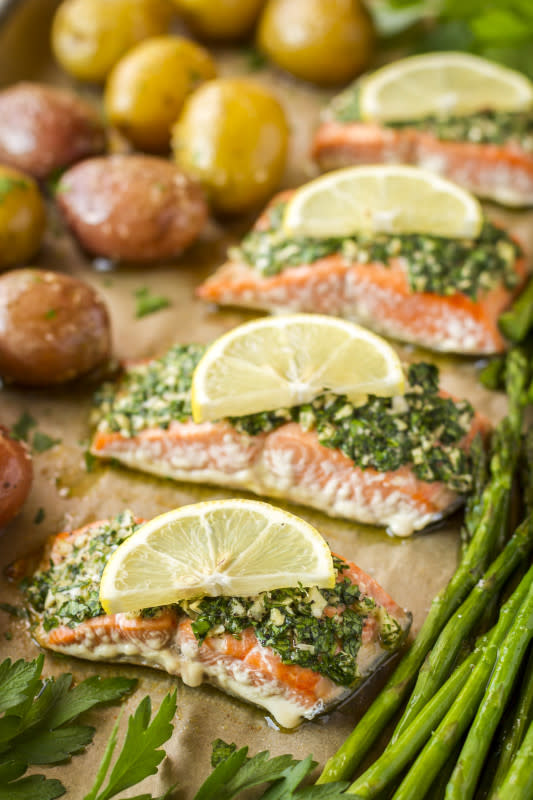 <p>Unsophisticook</p><p>This will quickly become your new favorite salmon recipe. Grab it <a href="https://unsophisticook.com/sheet-pan-salmon/" rel="nofollow noopener" target="_blank" data-ylk="slk:here;elm:context_link;itc:0;sec:content-canvas" class="link ">here</a>.</p>