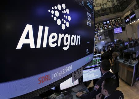 Allergan ticker info and symbol are displayed on a screen on the floor of the New York Stock Exchange (NYSE) April 6, 2016. REUTERS/Brendan McDermid