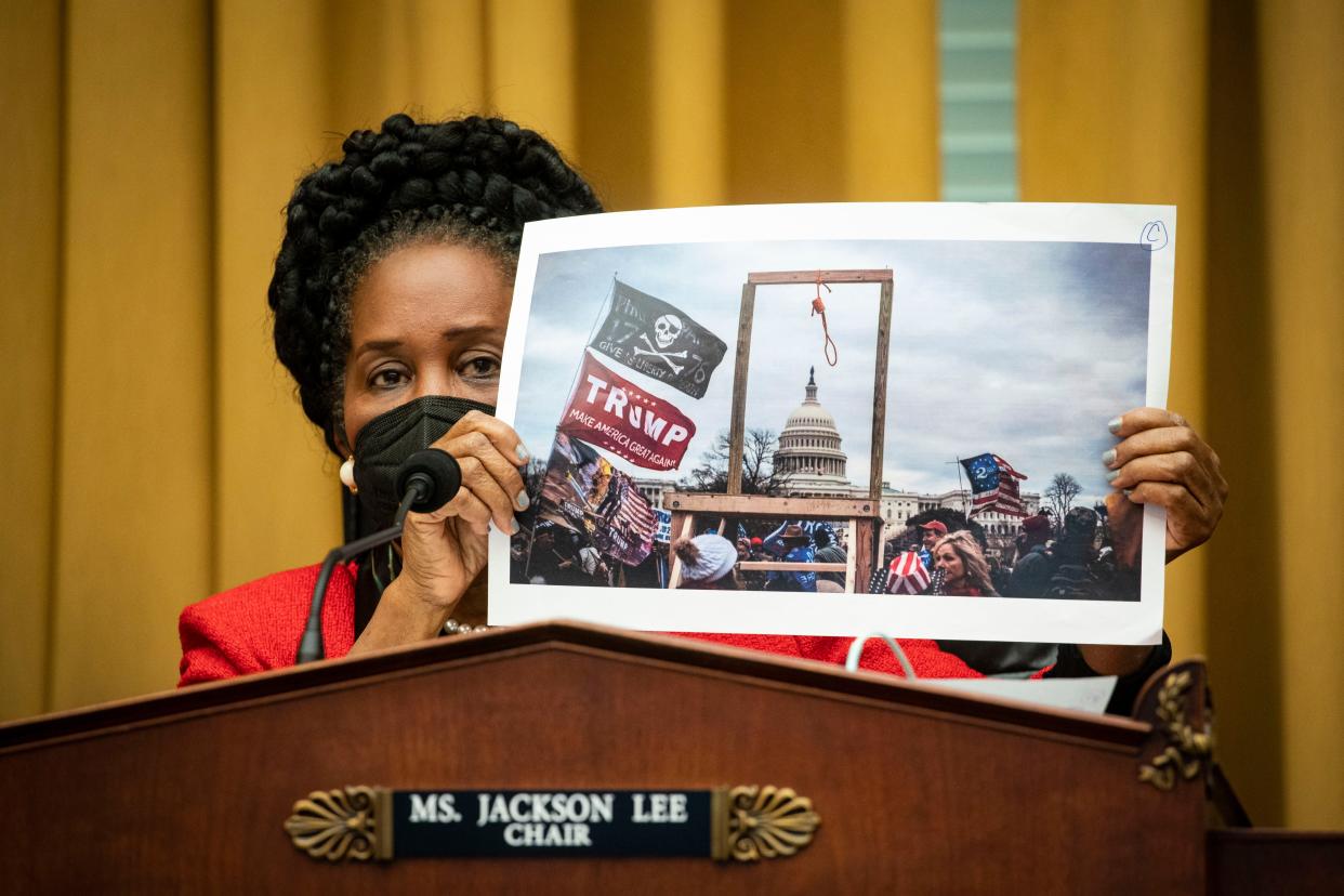 <p>Sheila Jackson Lee holds a photo of the crowd at the 6 January insurrection  during a House committee hearing on 24 February.</p> (Getty Images)
