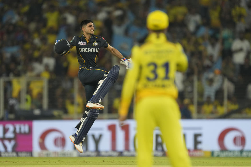 Gujarat Titans' captain Shubman Gill celebrates after scoring a century during the Indian Premier League cricket match between Gujarat Titans and Chennai Super Kings in Ahmedabad, India, Friday, May 10, 2024.(AP Photo/Ajit Solanki)