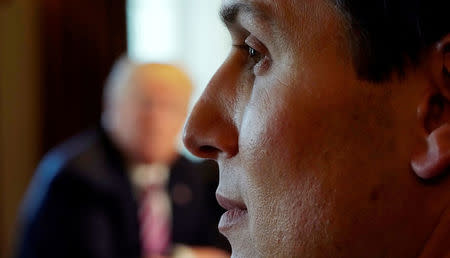 White House senior adviser Jared Kushner listens as U.S. President Donald Trump (background) holds a meeting on trade with members of Congress at the White House in Washington, U.S., February 13, 2018. REUTERS/Kevin Lamarque