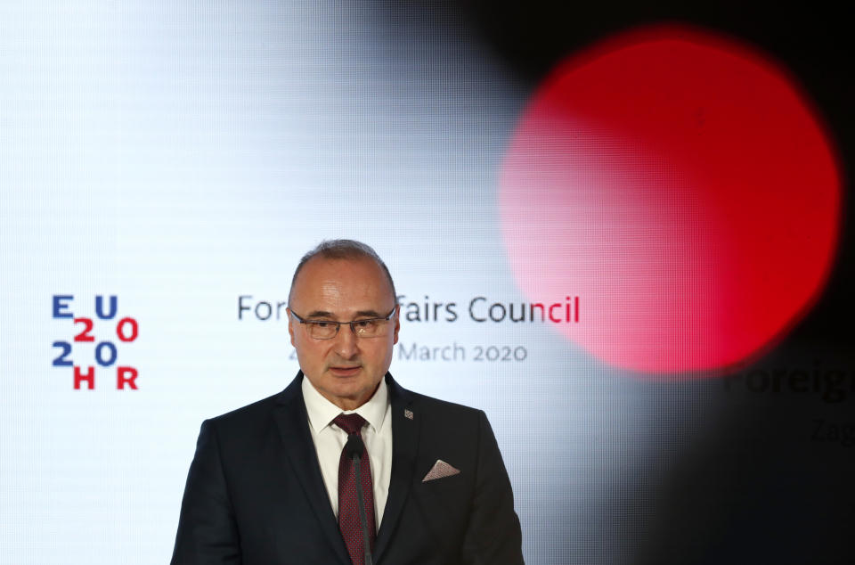 FILE - Croatia's foreign minister Gordan Grlic-Radman speaks during a press conference after a EU foreign affairs council in Zagreb, Croatia, Friday, March 6, 2020. Serbia on Sunday Feb. 25, 2024, sent a protest note to Croatia over a statement made by Croatia's foreign minister that Serbia's populist president Aleksandar Vucic is a Russian "satellite" in the Balkans. It was the latest spate between the two neighboring states that have been at odds for most of the time since the bloody breakup of former Yugoslavia in the 1990s. (AP Photo/Darko Vojinovic, File)