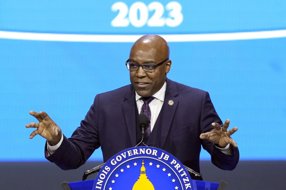 FILE - Illinois Attorney General Kwame Raoul delivers his remarks after being sworn to his second term as attorney general during ceremonies, Jan. 9, 2023, in Springfield, Ill. Illinois will soon outlaw advertising for firearms that officials determine produces a public safety threat or appeals to children, militants or others who might later use them illegally, as the state continues its quest to curb mass shootings. The prime exhibit in Raoul's effort is the JR-15, advertised with the tag line, “Get ‘em One Like Yours.” (AP Photo/Charles Rex Arbogast, File)