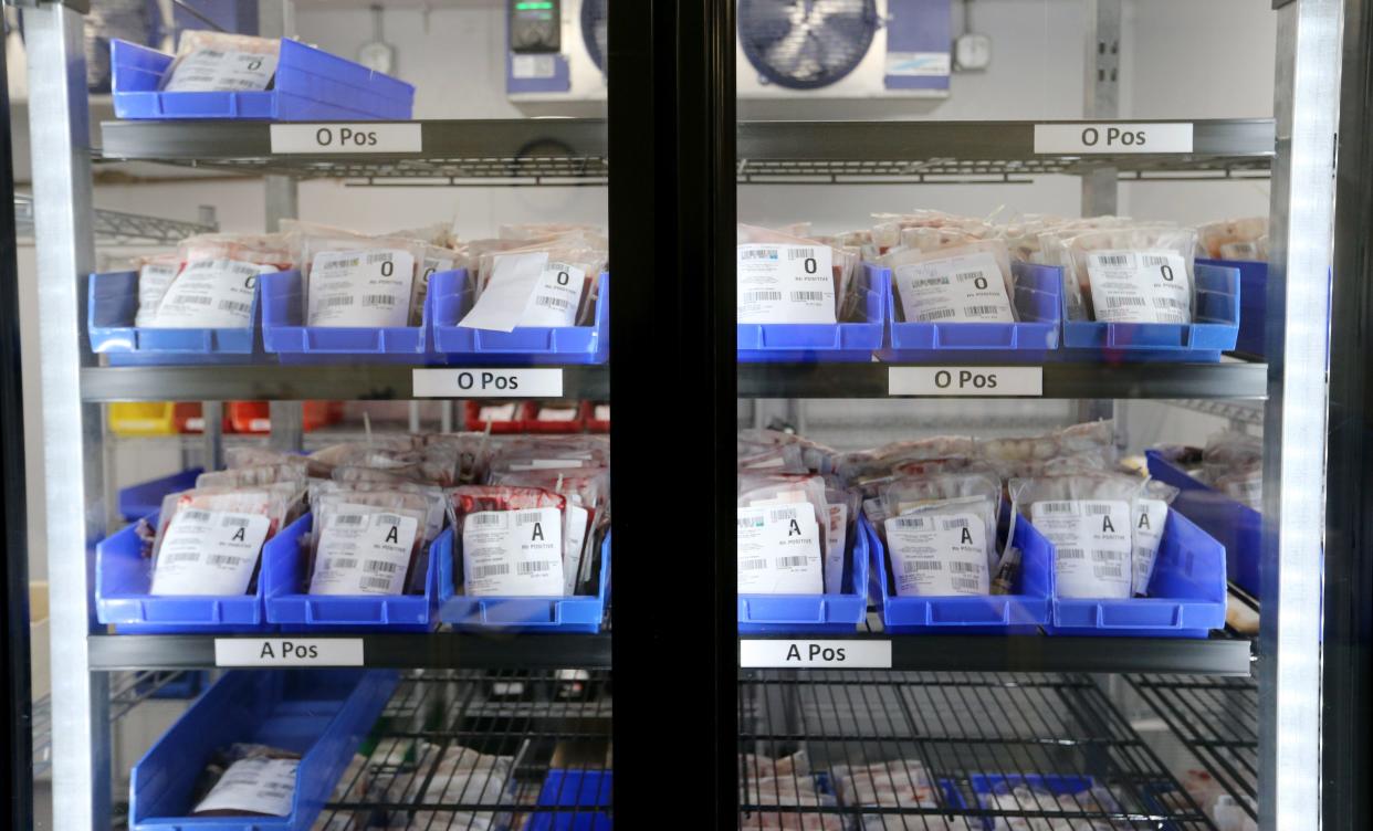 The stored pints of donated blood Wednesday, Sept. 20, 2023, at the South Bend Medical Foundation Blood Donor Center in Mishawaka.