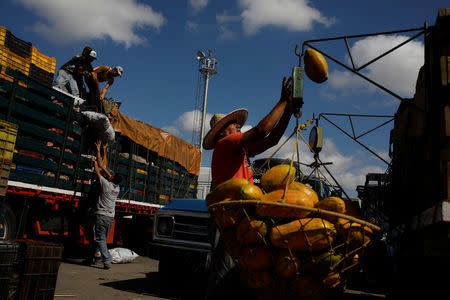 Workers load merchandise into Humberto Aguilar's truck next to a papaya seller at the wholesale market in Barquisimeto, Venezuela January 30, 2018. REUTERS/Carlos Garcia Rawlins