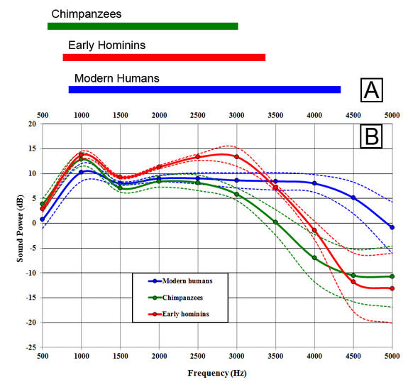 A graph showing hearing sensitivity for modern humans, hominins and chimpanzees between 0.5 and 5 kilohertz (kHz). Higher points on the curve indicate greater auditory sensitivity.