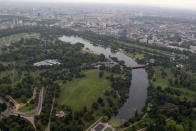 LONDON, ENGLAND - JULY 26: Aerial view of Hyde Park and the Serpentine which will host Triathlon and Marathon Swimming events during the London 2012 Olympic Games on July 26, 2011 in London, England. (Photo by Tom Shaw/Getty Images)